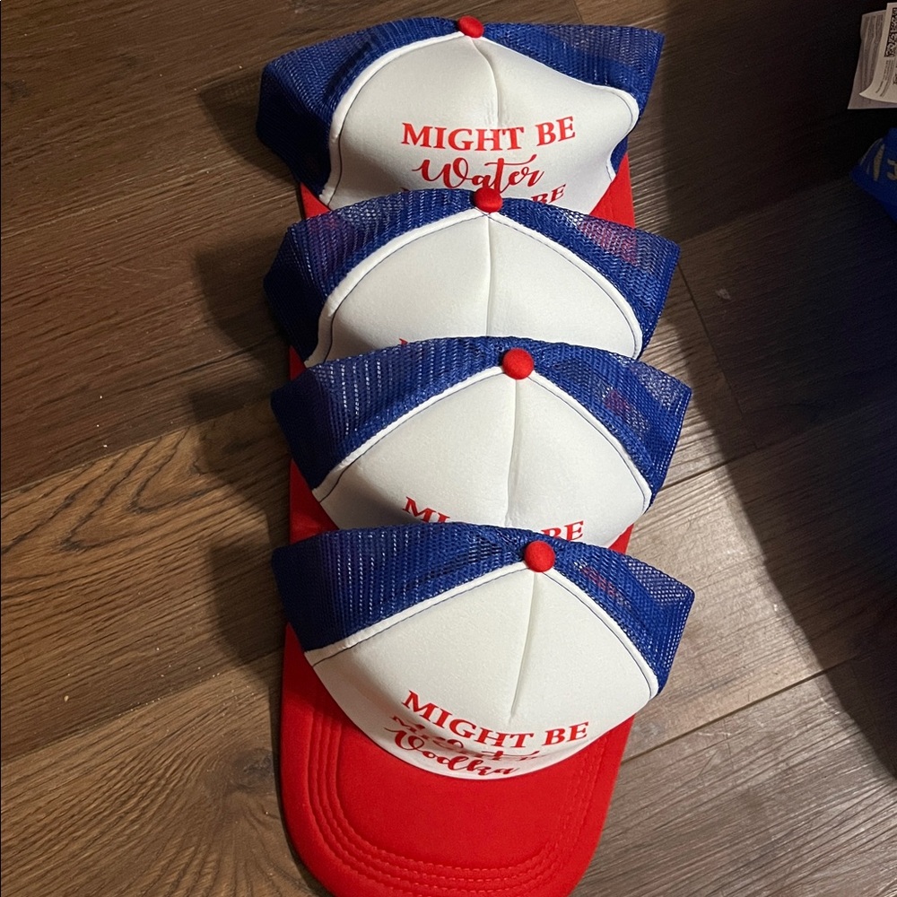 4 Pcs Party Trucker Hat Set Red White and Blue “Might be Water Might be Vodka”